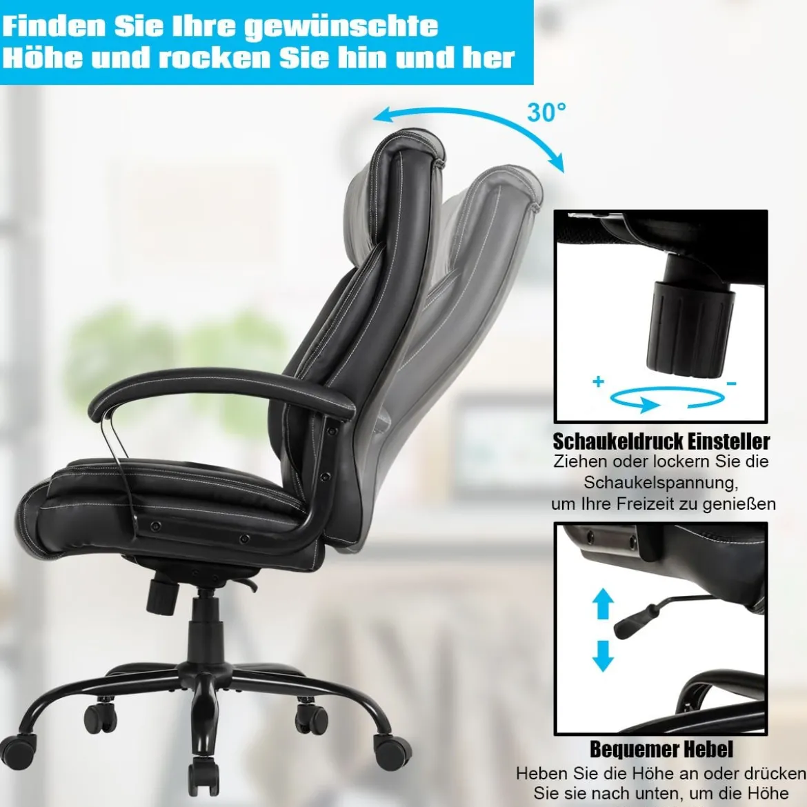 Bürostuhl Chefsessel Höhenverstellbarer Computerstuhl 360 ° drehbar belastbar bis 220kg