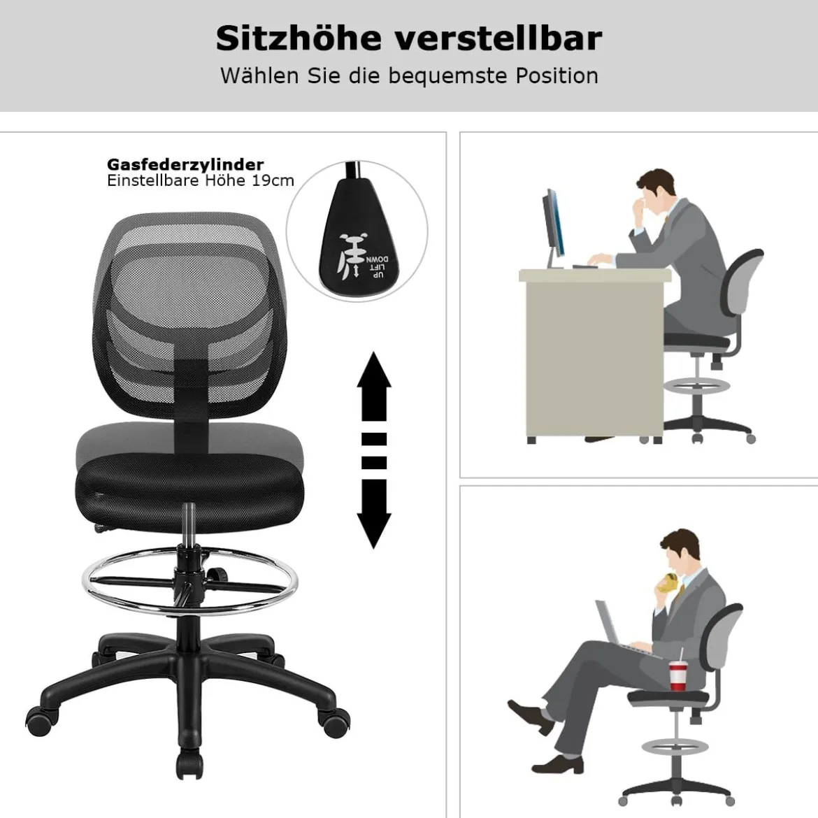 Bürostuhl Computerstuhl Höheverstellbar Drehstuhl Netzstuhl 63 x 64 x 95,5 - 114,5 cm Schwarz