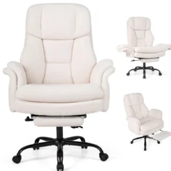 Bürostuhl Ergonomisch Höhenverstellbarer Chefsessel mit 5 Rollen & Ausziehbarer Fußstütze Weiß