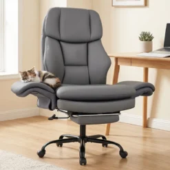 Bürostuhl Ergonomisch Höhenverstellbarer Chefsessel mit 5 Rollen & Ausziehbarer Fußstütze Grau