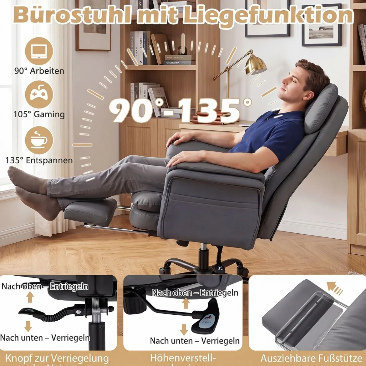 Bürostuhl Ergonomisch Höhenverstellbarer Chefsessel mit 5 Rollen & Ausziehbarer Fußstütze Grau