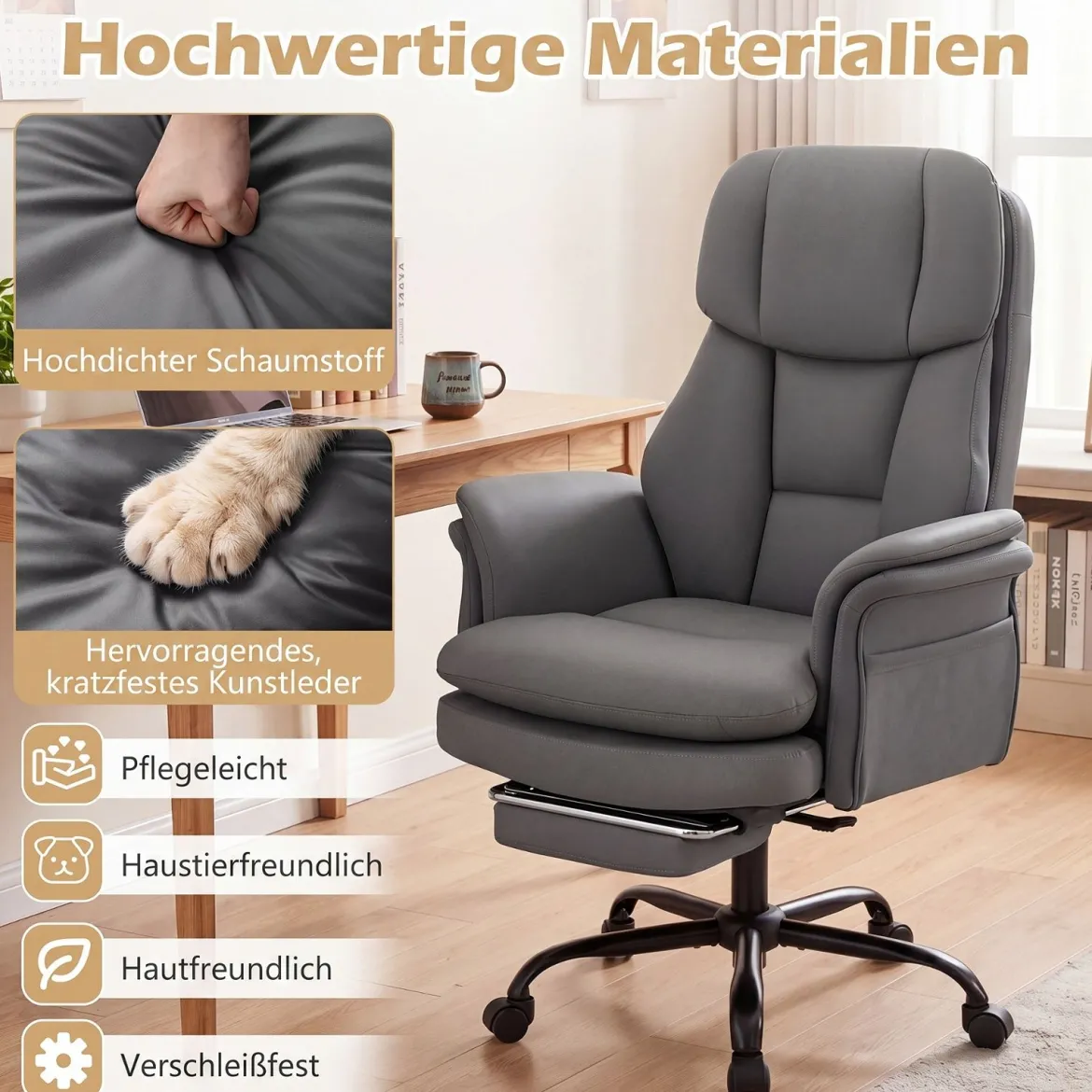 Bürostuhl Ergonomisch Höhenverstellbarer Chefsessel mit 5 Rollen & Ausziehbarer Fußstütze Grau