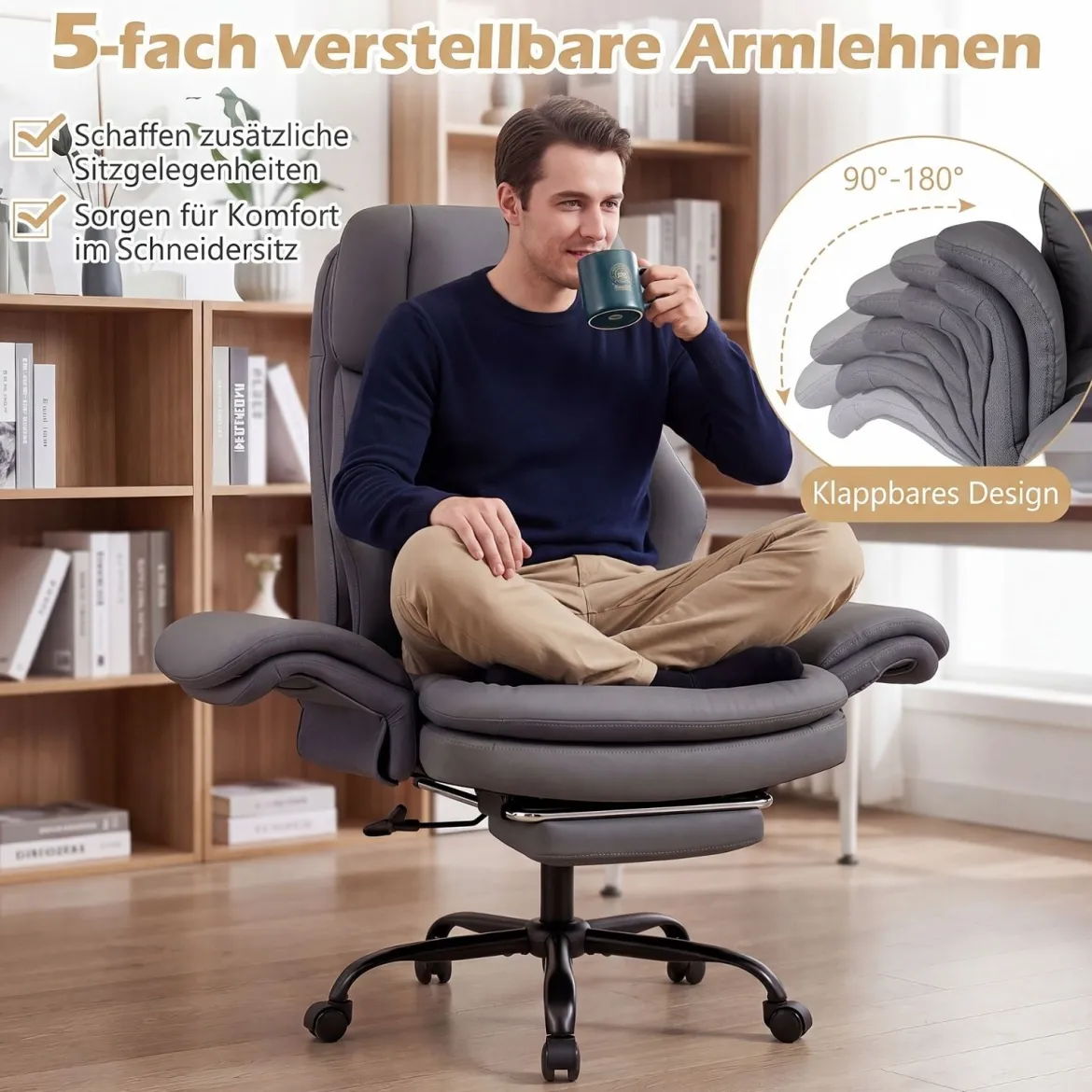 Bürostuhl Ergonomisch Höhenverstellbarer Chefsessel mit 5 Rollen & Ausziehbarer Fußstütze Grau