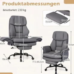 Bürostuhl Ergonomisch Höhenverstellbarer Chefsessel mit 5 Rollen & Ausziehbarer Fußstütze Grau