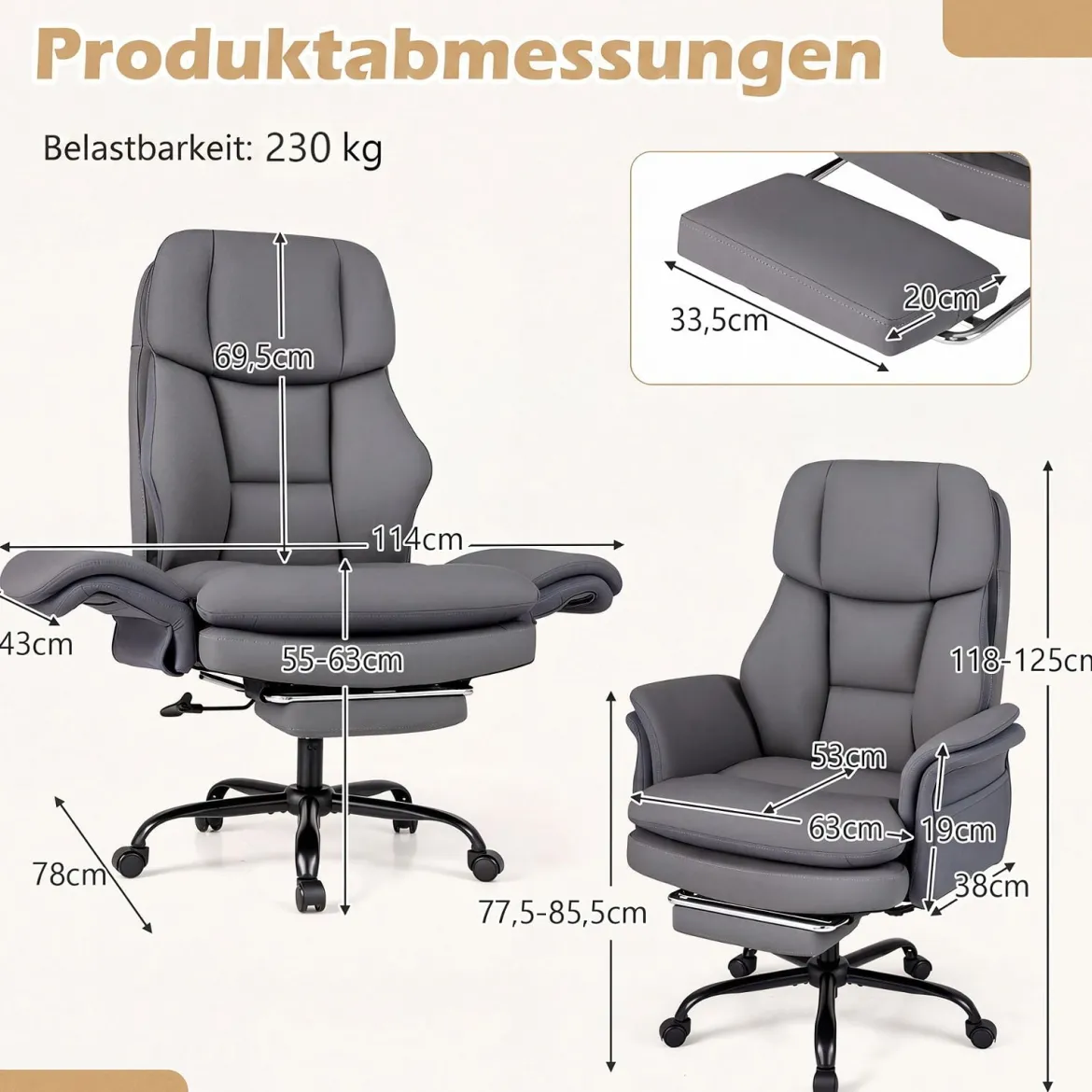 Bürostuhl Ergonomisch Höhenverstellbarer Chefsessel mit 5 Rollen & Ausziehbarer Fußstütze Grau