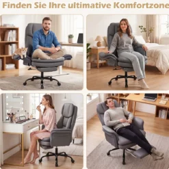 Bürostuhl Ergonomisch Höhenverstellbarer Chefsessel mit 5 Rollen & Ausziehbarer Fußstütze Grau