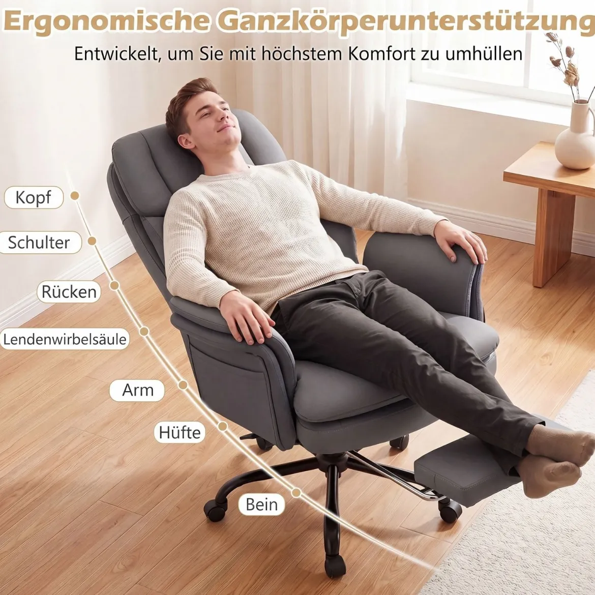 Bürostuhl Ergonomisch Höhenverstellbarer Chefsessel mit 5 Rollen & Ausziehbarer Fußstütze Grau