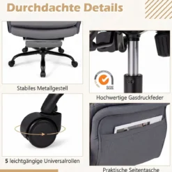 Bürostuhl Ergonomisch Höhenverstellbarer Chefsessel mit 5 Rollen & Ausziehbarer Fußstütze Grau