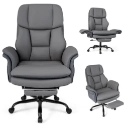 Bürostuhl Ergonomisch Höhenverstellbarer Chefsessel mit 5 Rollen & Ausziehbarer Fußstütze Grau