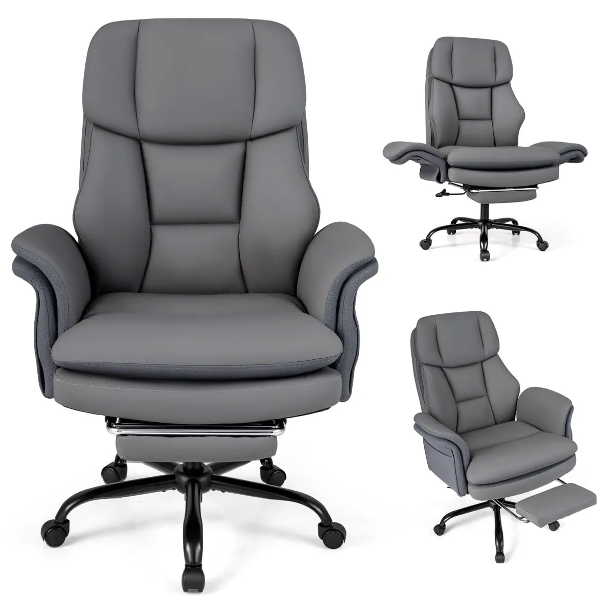 Bürostuhl Ergonomisch Höhenverstellbarer Chefsessel mit 5 Rollen & Ausziehbarer Fußstütze Grau