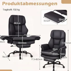 Bürostuhl Ergonomisch Höhenverstellbarer Chefsessel mit 5 Rollen & Ausziehbarer Fußstütze Schwarz