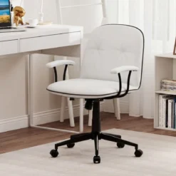 Bürostuhl ergonomischKunstleder Schreibtischstuhl mit gepolsterten Armlehnen & breitem Sitz Weiß