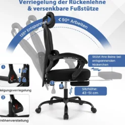 Bürostuhl ergonomisch mit einziehbarer Fußstütze Schreibtischstuhl mit Verstellbarer Rückenlehne Drehstuhl für Zuhause