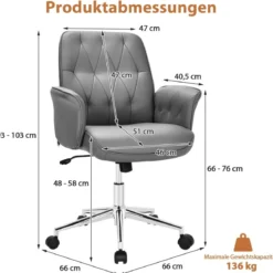 Bürostuhl Kunstleder Ergonomischer Schreibtischstuhl Höhenverstellbarer Drehstuhl Grau