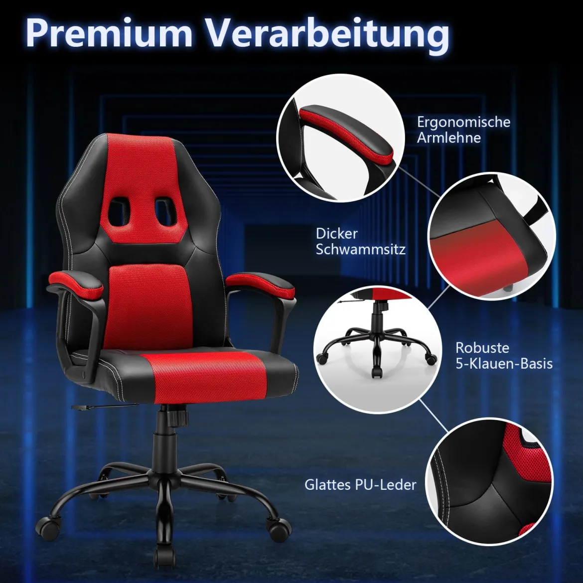 Bürostuhl mit höhenverstellbarem Sitz PC Gaming-Stuhl Ergonomisch Rot
