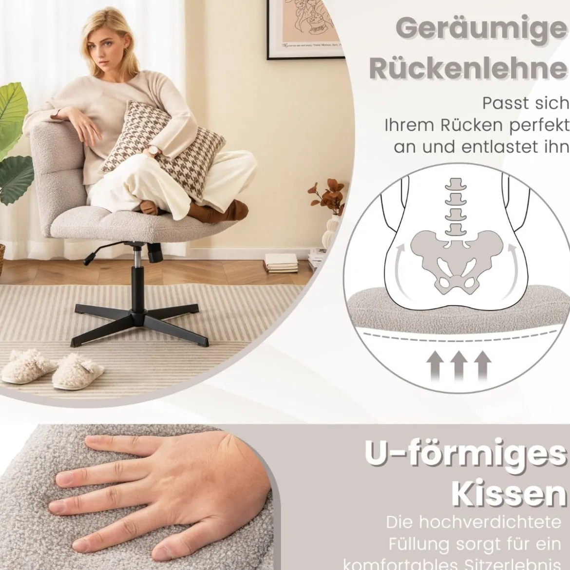 Bürostuhl mit Lammfellimitat & Breitem Sitz & Wippfunktion Höhenverstellbarer Schreibtischstuhl Grau
