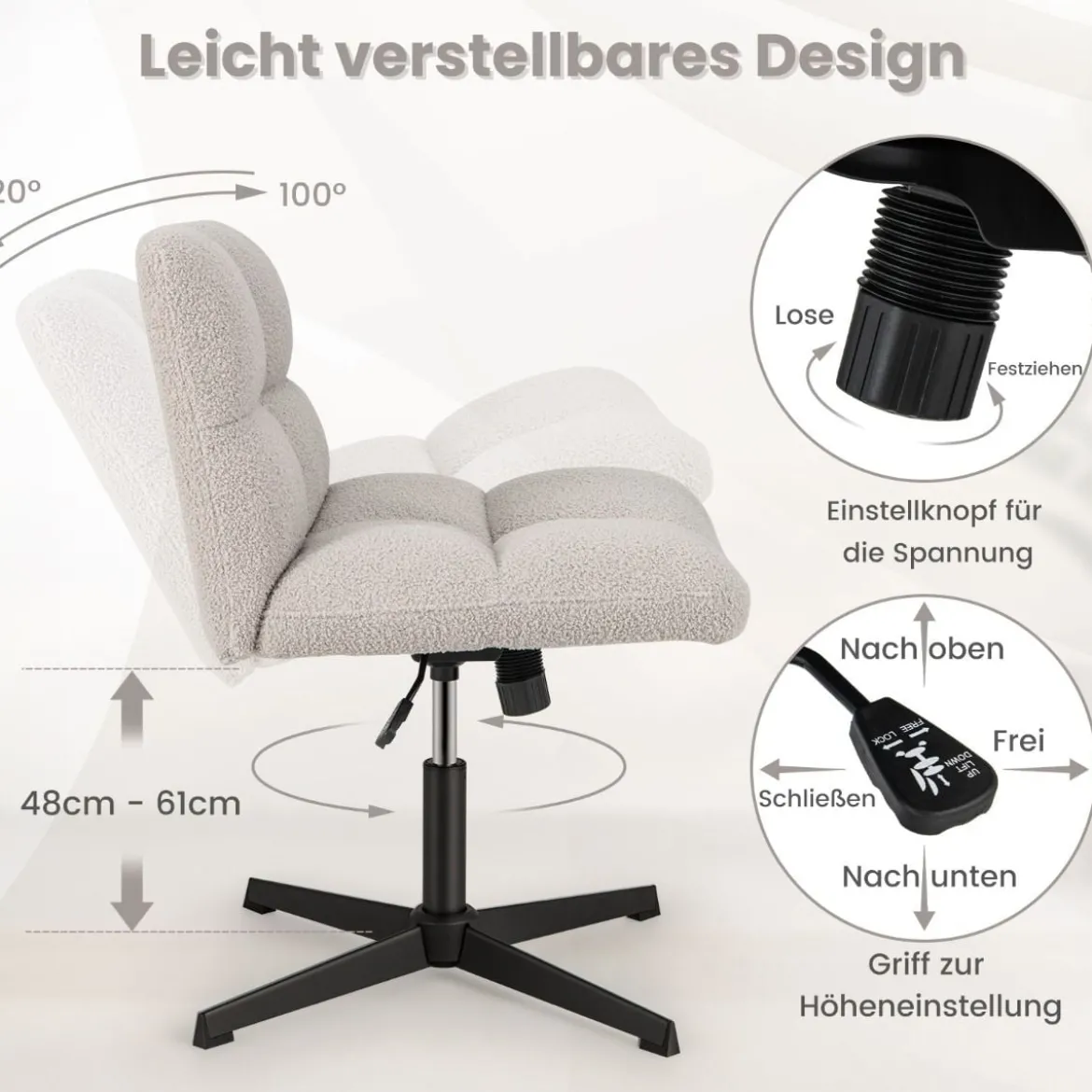 Bürostuhl mit Lammfellimitat & Breitem Sitz & Wippfunktion Höhenverstellbarer Schreibtischstuhl Grau