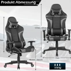 Bürostuhl mit Lendenkissen & Kopfstütze Ergonomischer Gaming Stuhl Schwarz + Grau