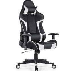 Bürostuhl mit Lendenkissen & Kopfstütze Ergonomischer Gaming Stuhl Schwarz + Weiß