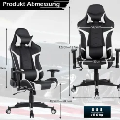Bürostuhl mit Lendenkissen & Kopfstütze Ergonomischer Gaming Stuhl Schwarz + Weiß