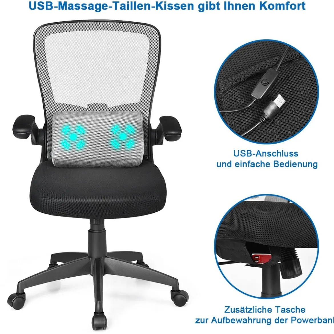 Bürostuhl mit Massagefunktion Ergonomischer Schreibtischstuhl Lendenwirbelstütze Drehstuhl mit hoher Rückenlehne höhenverstellbar Grau