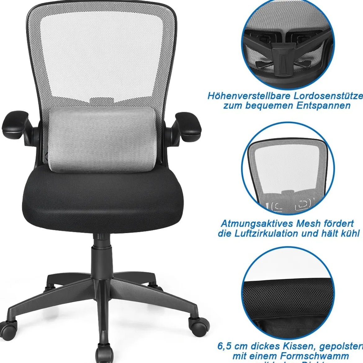 Bürostuhl mit Massagefunktion Ergonomischer Schreibtischstuhl Lendenwirbelstütze Drehstuhl mit hoher Rückenlehne höhenverstellbar Grau