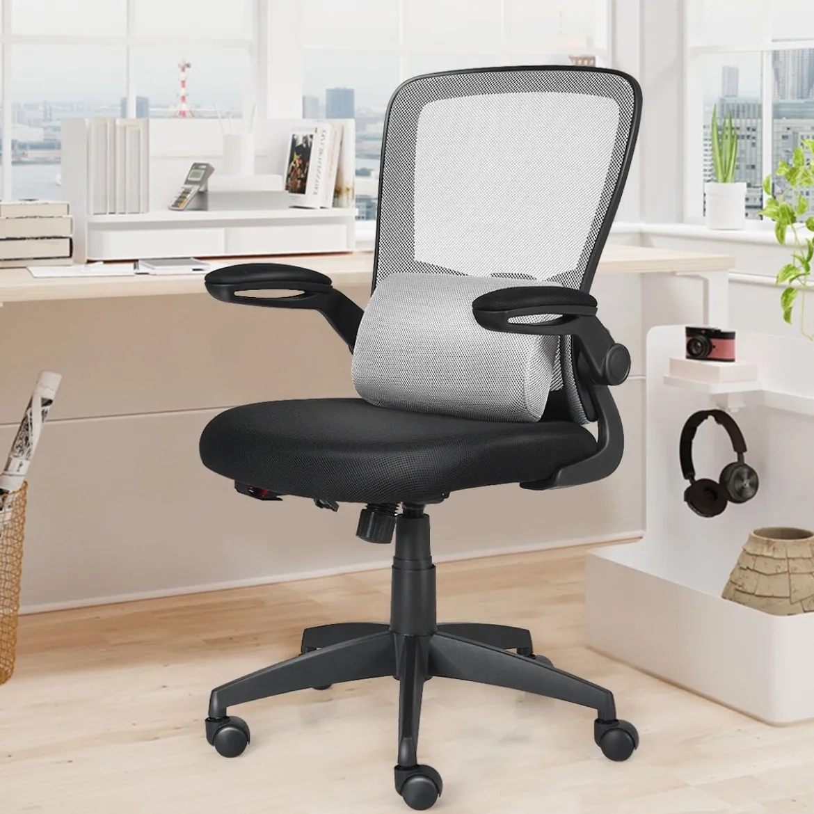 Bürostuhl mit Massagefunktion Ergonomischer Schreibtischstuhl Lendenwirbelstütze Drehstuhl mit hoher Rückenlehne höhenverstellbar Grau