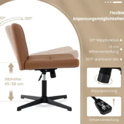 Bürostuhl ohne Armlehnen Schreibtischstuhl mit breitem Sitz & Wippfunktion Kunstleder für Heimbüro Braun/Beige