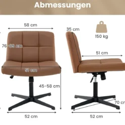 Bürostuhl ohne Armlehnen Schreibtischstuhl mit breitem Sitz & Wippfunktion Kunstleder für Heimbüro Braun/Beige