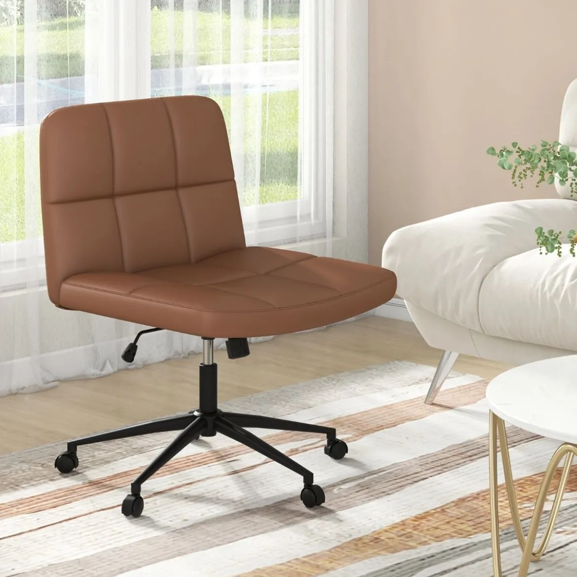 Bürostuhl ohne Armlehnen Schreibtischstuhl mit breitem Sitz 360° drehbar Kunstleder für Heimbüro Beige/Braun