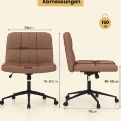 Bürostuhl ohne Armlehnen Schreibtischstuhl mit breitem Sitz 360° drehbar Kunstleder für Heimbüro Beige/Braun