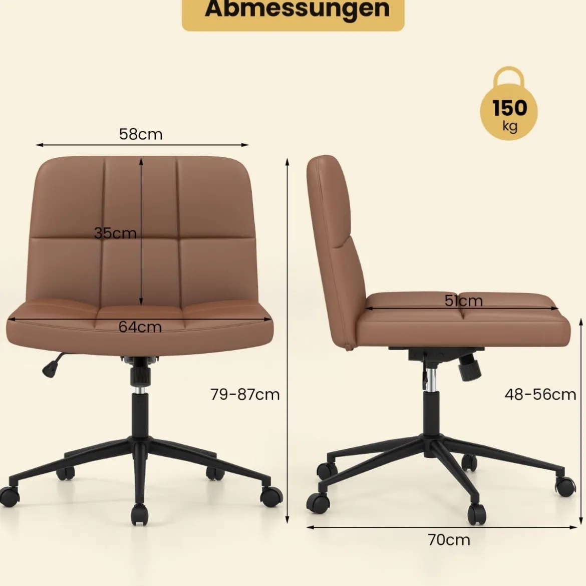 Bürostuhl ohne Armlehnen Schreibtischstuhl mit breitem Sitz 360° drehbar Kunstleder für Heimbüro Beige/Braun