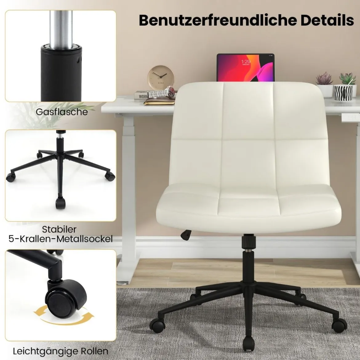 Bürostuhl ohne Armlehnen Schreibtischstuhl mit breitem Sitz 360° drehbar Kunstleder für Heimbüro Beige/Braun