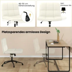 Bürostuhl ohne Armlehnen Schreibtischstuhl mit breitem Sitz 360° drehbar Kunstleder für Heimbüro Beige/Braun