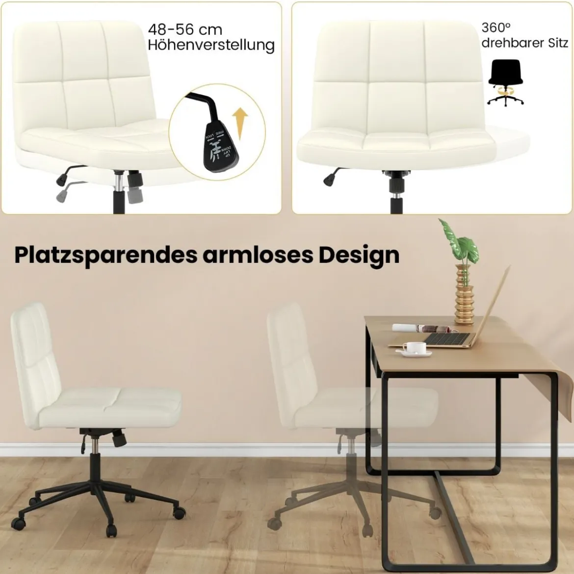 Bürostuhl ohne Armlehnen Schreibtischstuhl mit breitem Sitz 360° drehbar Kunstleder für Heimbüro Beige/Braun