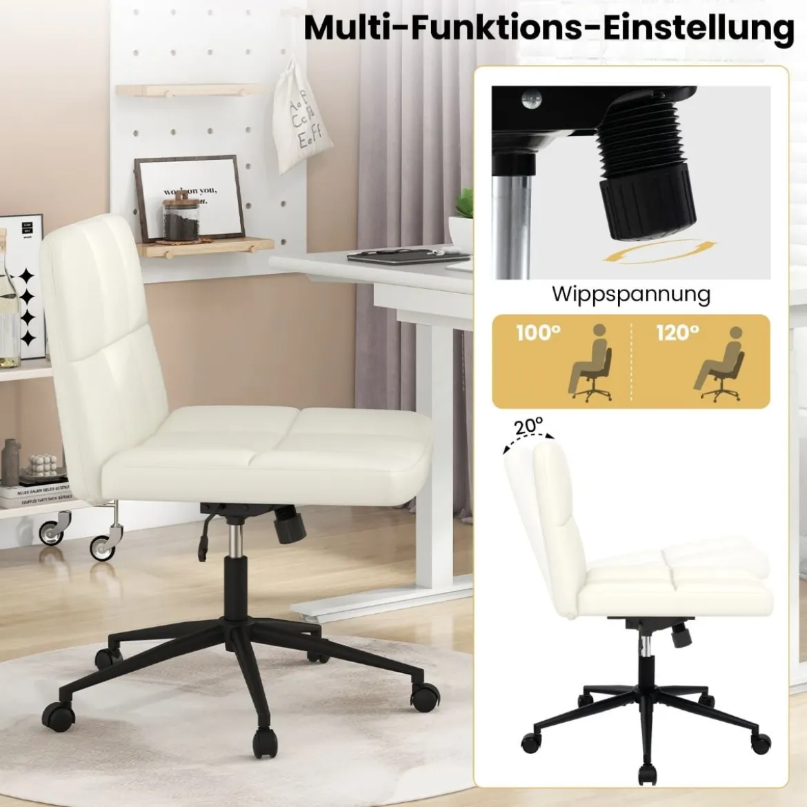 Bürostuhl ohne Armlehnen Schreibtischstuhl mit breitem Sitz 360° drehbar Kunstleder für Heimbüro Beige/Braun