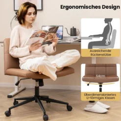 Bürostuhl ohne Armlehnen Schreibtischstuhl mit breitem Sitz 360° drehbar Kunstleder für Heimbüro Beige/Braun