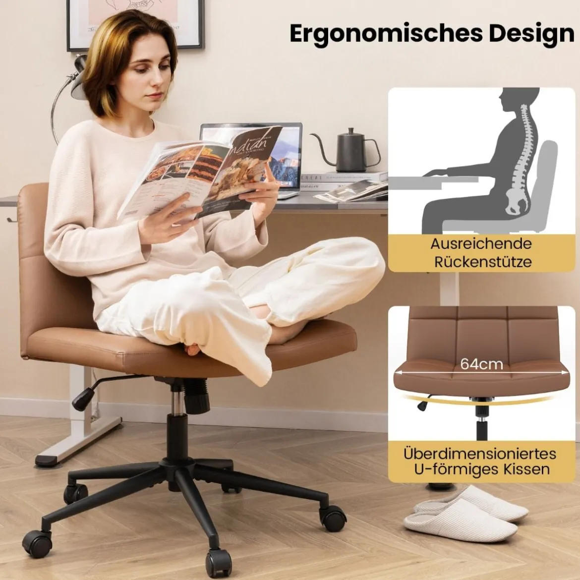 Bürostuhl ohne Armlehnen Schreibtischstuhl mit breitem Sitz 360° drehbar Kunstleder für Heimbüro Beige/Braun