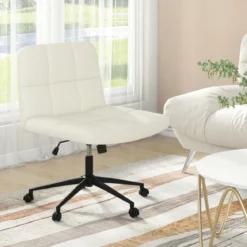 Bürostuhl ohne Armlehnen Schreibtischstuhl mit breitem Sitz 360° drehbar Kunstleder für Heimbüro Beige/Braun