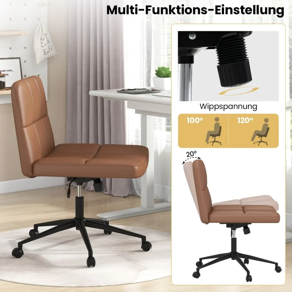 Bürostuhl ohne Armlehnen Schreibtischstuhl mit breitem Sitz 360° drehbar Kunstleder für Heimbüro Beige/Braun