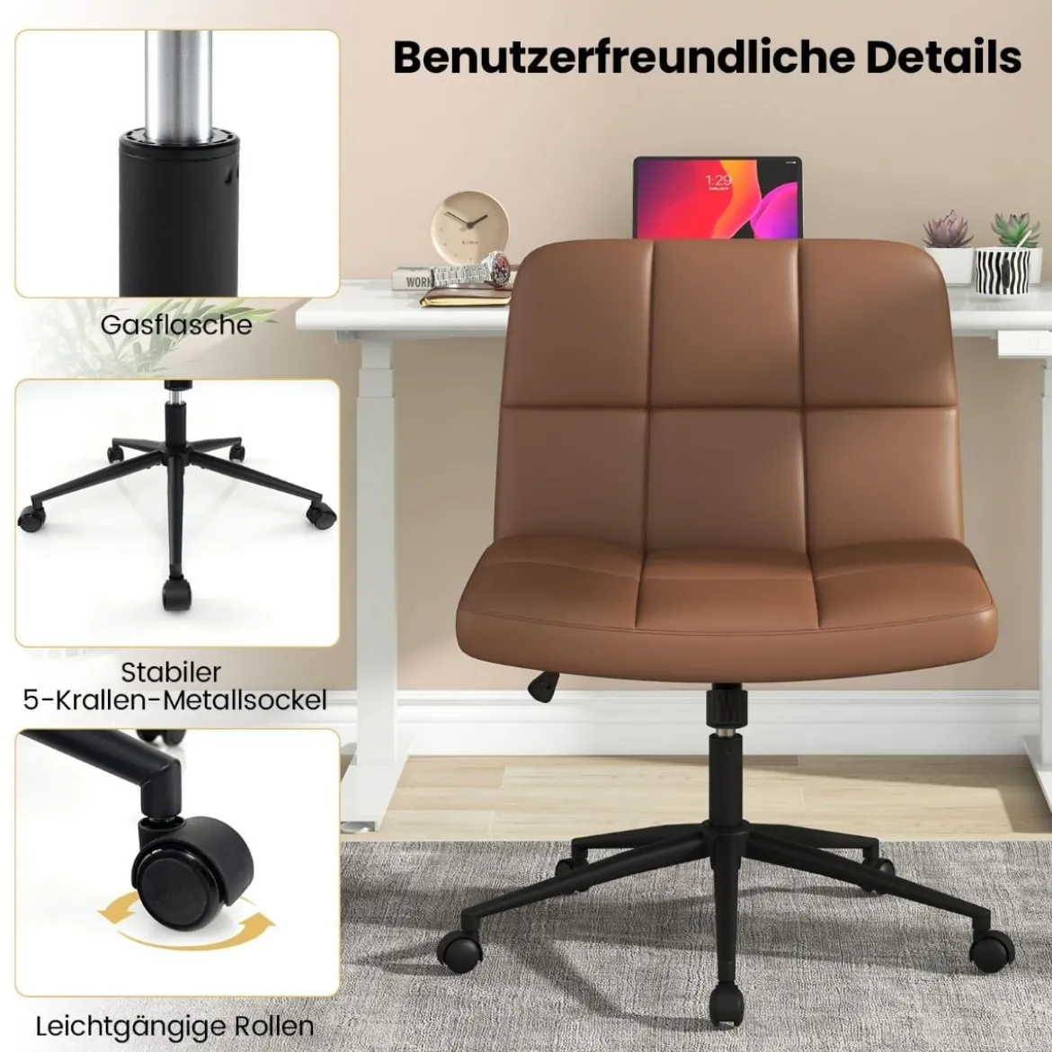 Bürostuhl ohne Armlehnen Schreibtischstuhl mit breitem Sitz 360° drehbar Kunstleder für Heimbüro Beige/Braun
