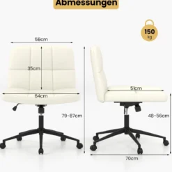 Bürostuhl ohne Armlehnen Schreibtischstuhl mit breitem Sitz 360° drehbar Kunstleder für Heimbüro Beige/Braun