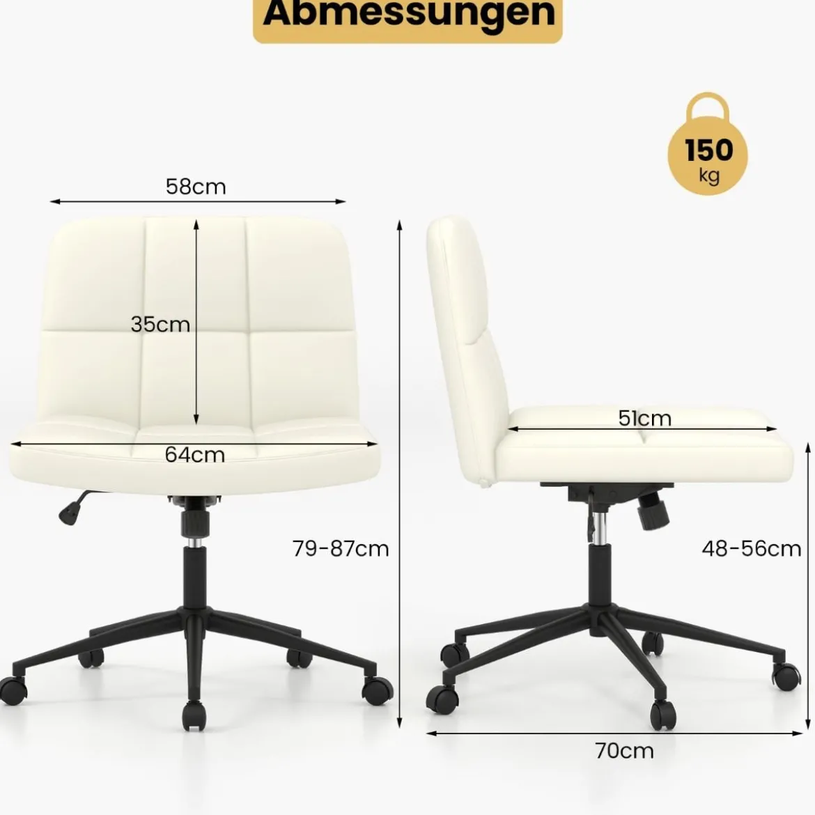 Bürostuhl ohne Armlehnen Schreibtischstuhl mit breitem Sitz 360° drehbar Kunstleder für Heimbüro Beige/Braun