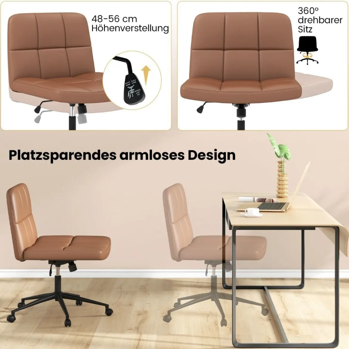 Bürostuhl ohne Armlehnen Schreibtischstuhl mit breitem Sitz 360° drehbar Kunstleder für Heimbüro Beige/Braun
