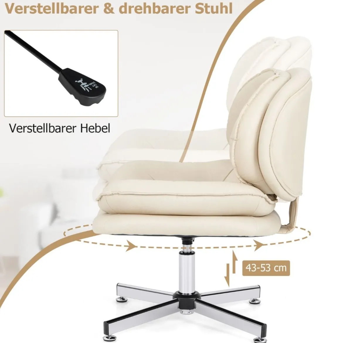 Bürostuhl ohne Armlehnen Schreibtischstuhl mit Doppelgepolsterter Rücken- & Sitzkissen Beige