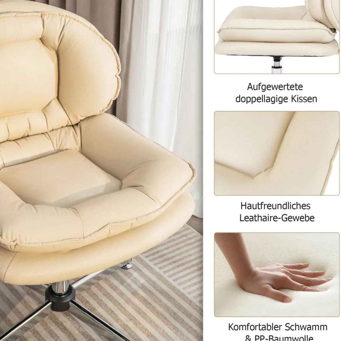 Bürostuhl ohne Armlehnen Schreibtischstuhl mit Doppelgepolsterter Rücken- & Sitzkissen Beige