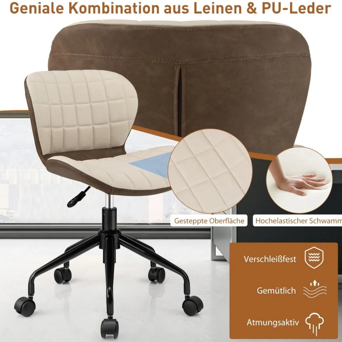 Bürostuhl Rollender Höhenverstellbarer Freizeitstuhl aus Kunstleder Beige + Braun