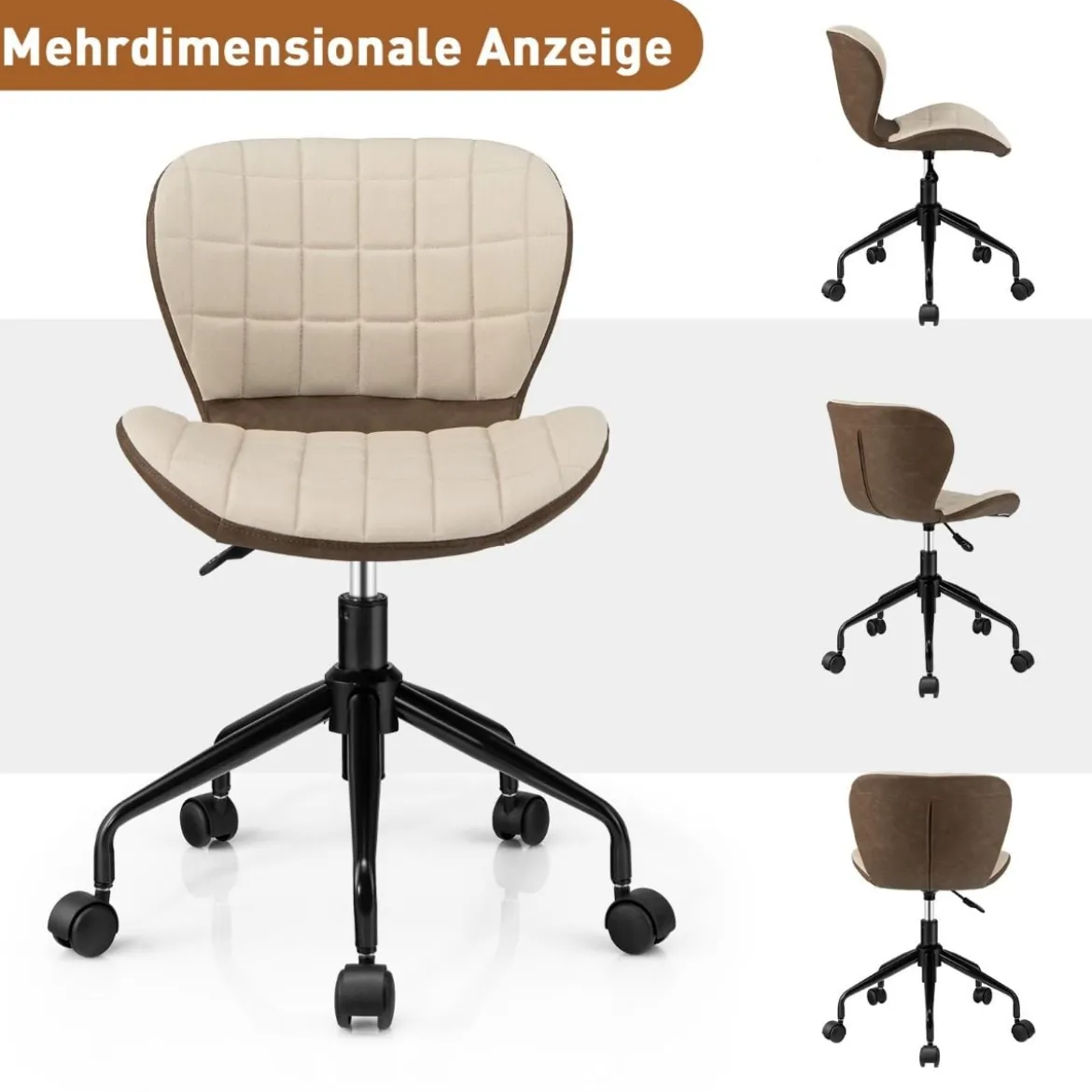 Bürostuhl Rollender Höhenverstellbarer Freizeitstuhl aus Kunstleder Beige + Braun