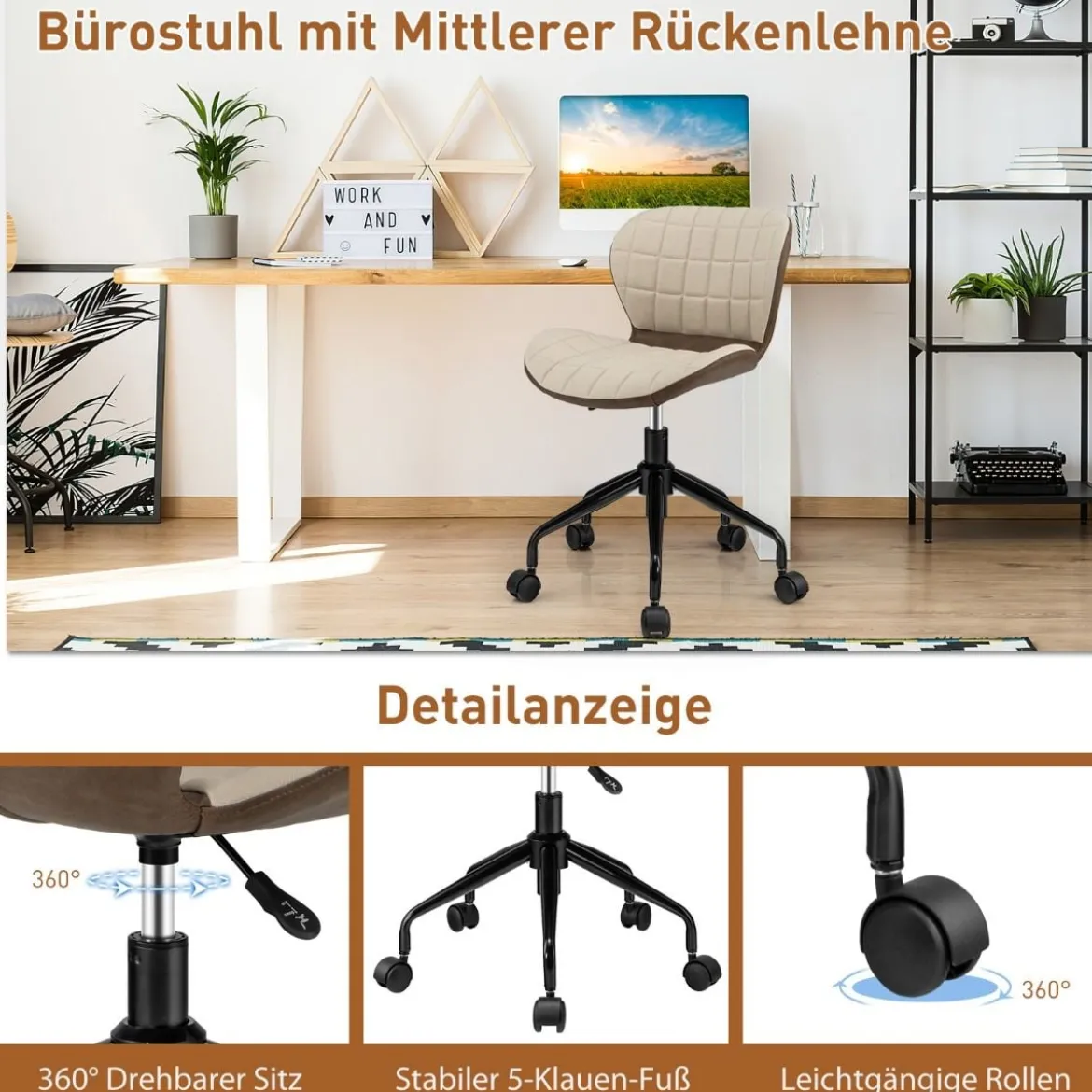 Bürostuhl Rollender Höhenverstellbarer Freizeitstuhl aus Kunstleder Beige + Braun