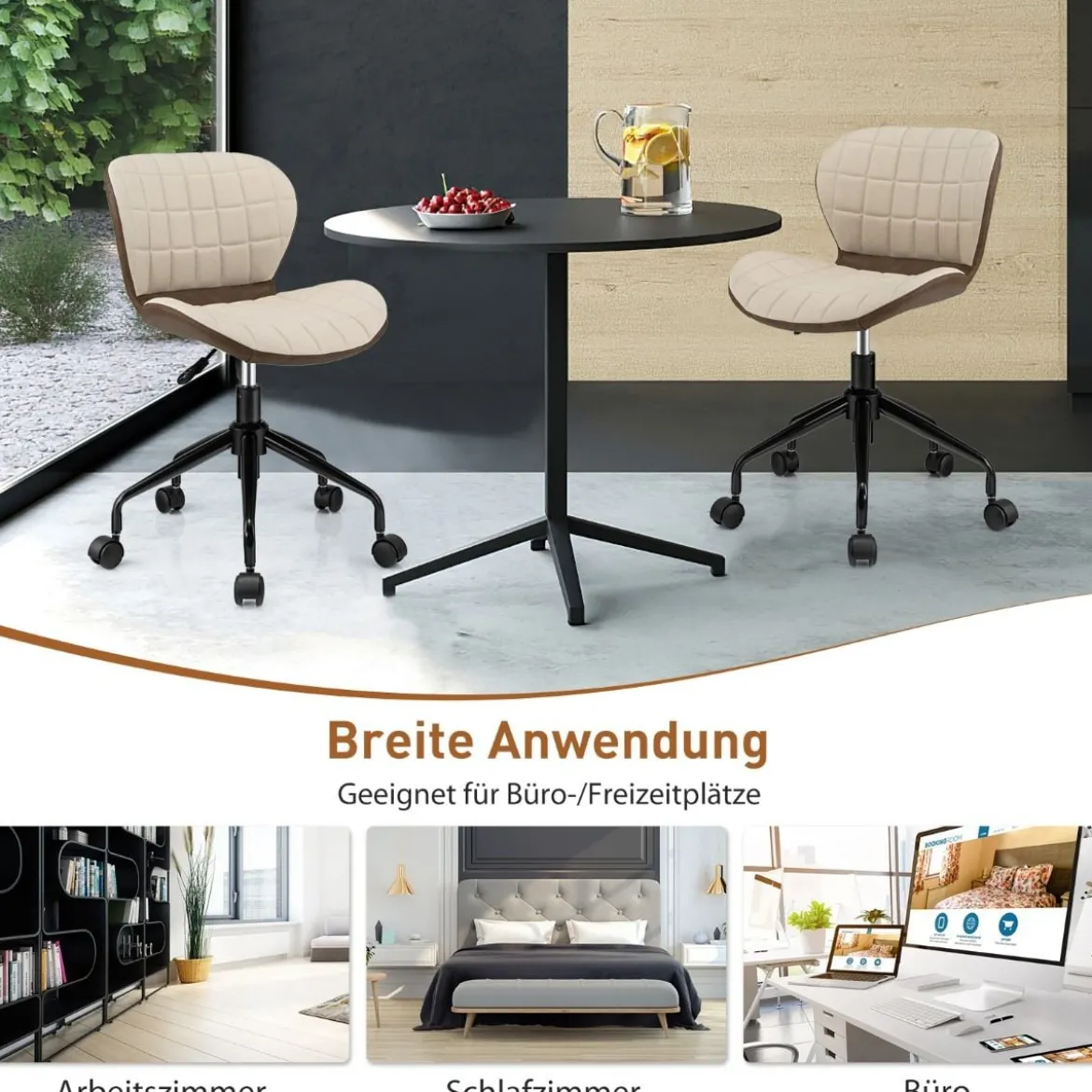 Bürostuhl Rollender Höhenverstellbarer Freizeitstuhl aus Kunstleder Beige + Braun
